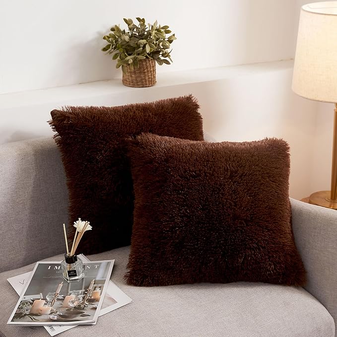 XeGe Soft Faux Fur Brown Throw Pillow Covers, Luxury Fluffy Cushion Covers by XeGe