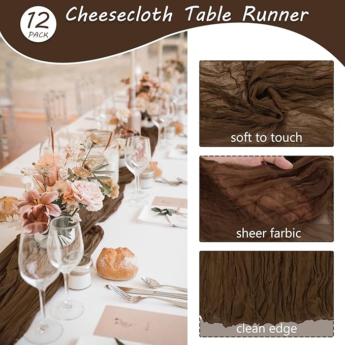 Fivenl 12 Pack Brown Boho Rustic Cheesecloth Table Runner 35x72 Inch Romantic - Image 4