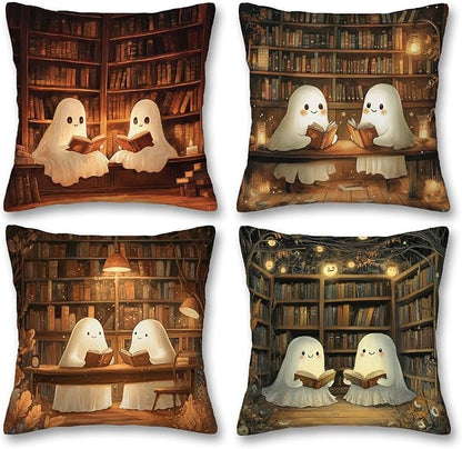 Ghosts Reading Throw Pillow Covers | 18x18 Set of 4 Decorative Cushion Covers | by YucZiken