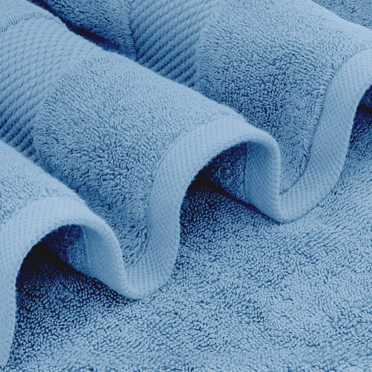 white classic luxury light blue bath towel set, close-up detail