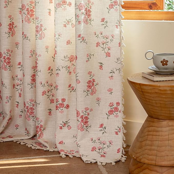 ENJOYBRIDAL Pink Floral 63 Inch Curtains 2 Panel Set Boho Tassel Drapes Short - Image 6