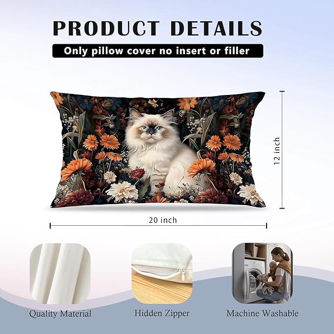 Moody Floral Ragdoll Cat Pillow Covers 12x20, Ragdoll Cat Gifts, Dark - Image 6