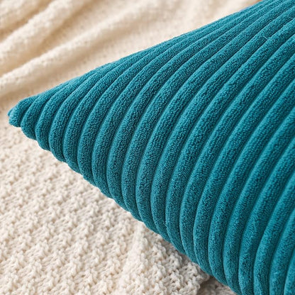 MIULEE Pack of 2 Teal Corduroy Pillow Covers Soft Boho Striped Throw Pillow - Image 2