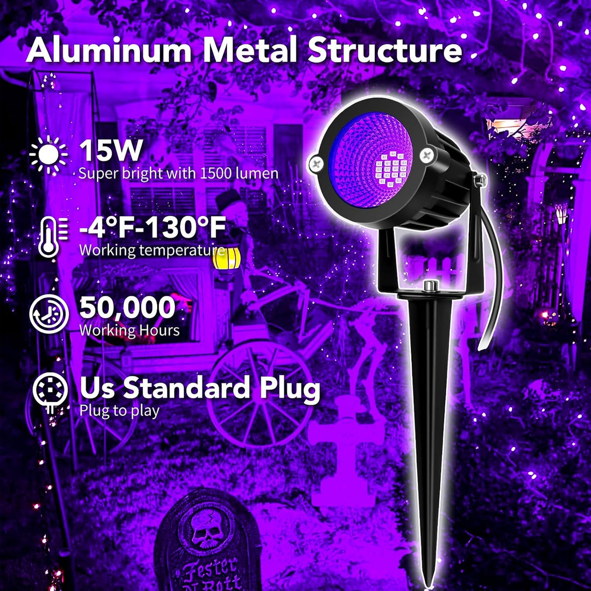 Halloween LED Black Light: 15W Spot Lights Outdoor UV Spotlight for Halloween Christmas | 2 PacK 110V Plug-in Blacklight with IP65 Waterproof for Party Body Paint Fluorescent Poster Neon Glow
