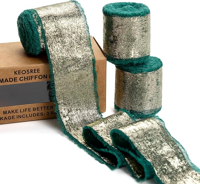 Dark Green Silk Chiffon Ribbon, Emerald Green Frayed Shimmery Silk Ribbon by KEOSREE