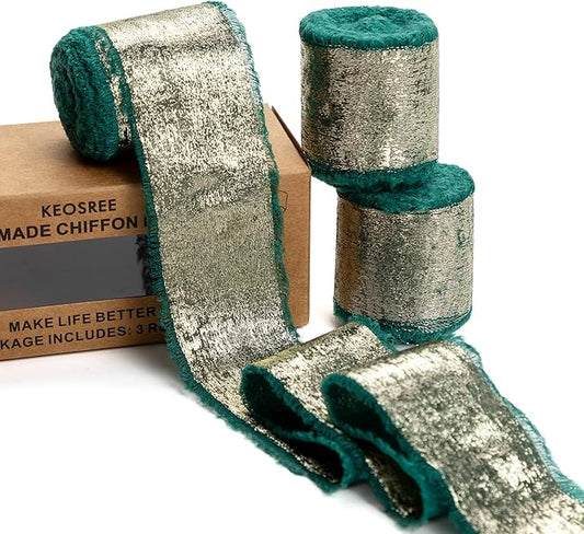 Dark Green Silk Chiffon Ribbon, Emerald Green Frayed Shimmery Silk Ribbon by KEOSREE