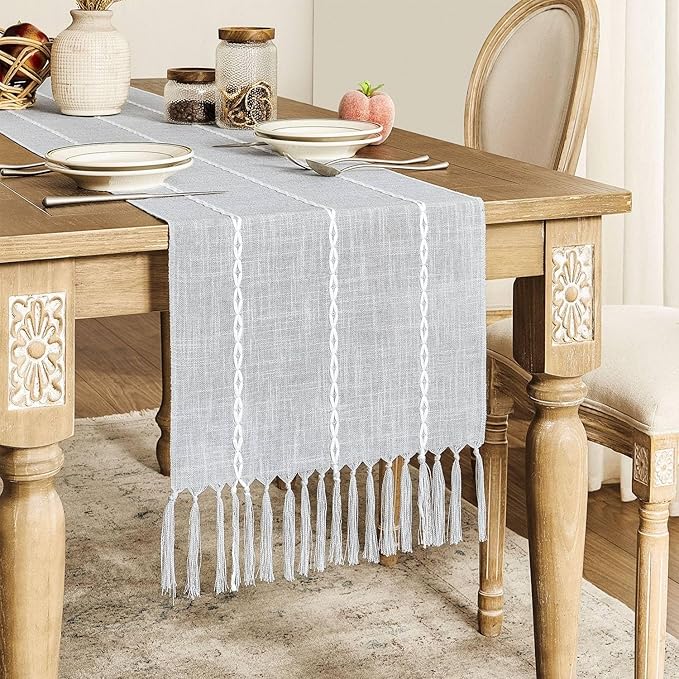 ZeeMart Farmhouse Braided Striped Table Runner, Rustic Grey Table Runners 48 - Image 2