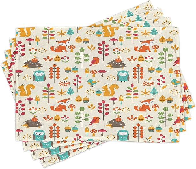 Ambesonne Cartoon Place Mats Set of 4, Autumn Pattern Owl Fox Squirrel Birds by Ambesonne
