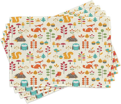 Ambesonne Cartoon Place Mats Set of 4, Autumn Pattern Owl Fox Squirrel Birds by Ambesonne