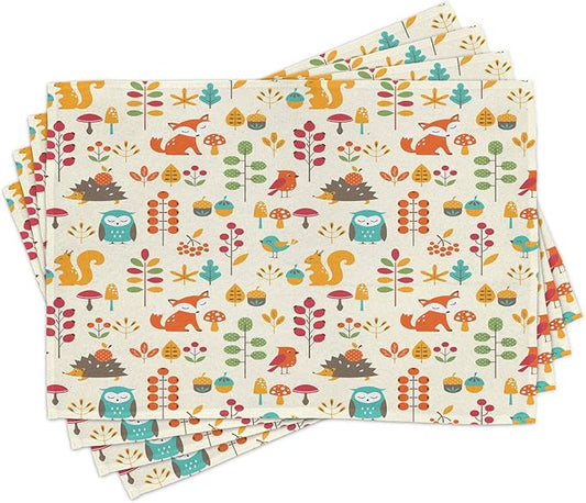 Ambesonne Cartoon Place Mats Set of 4, Autumn Pattern Owl Fox Squirrel Birds by Ambesonne