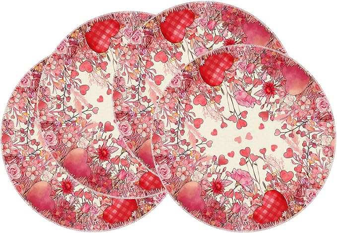 XCHI Wild Flowers Love Hearts Valentine’s Day Round Placemats Set of 4 Table by XCHI