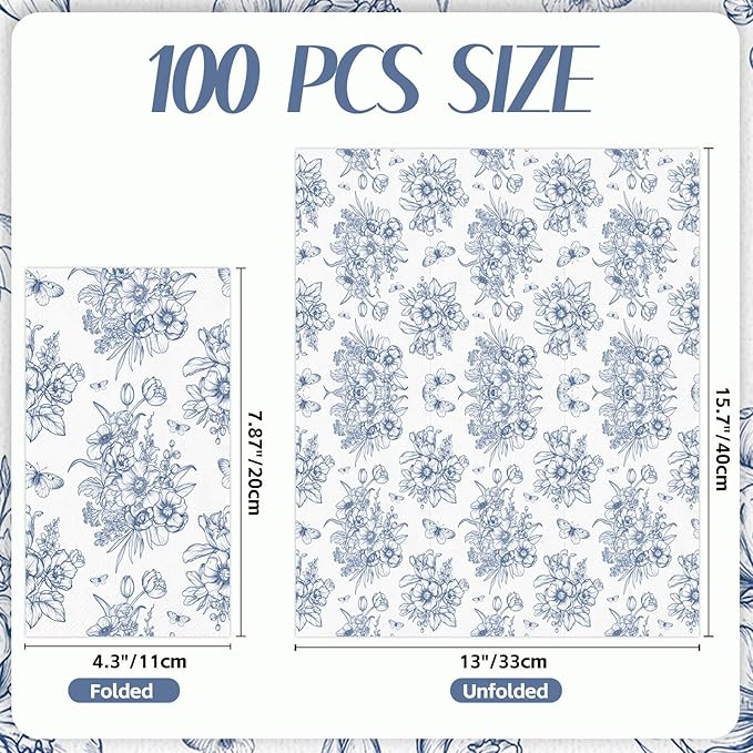 100 PCS Blue Floral Paper Napkins, Disposable Blue & White Flowers Bathroom - Image 2
