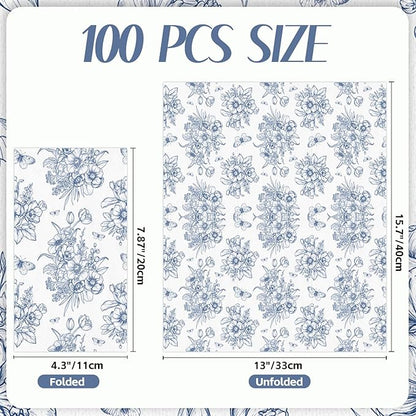 100 PCS Blue Floral Paper Napkins, Disposable Blue & White Flowers Bathroom - Image 2