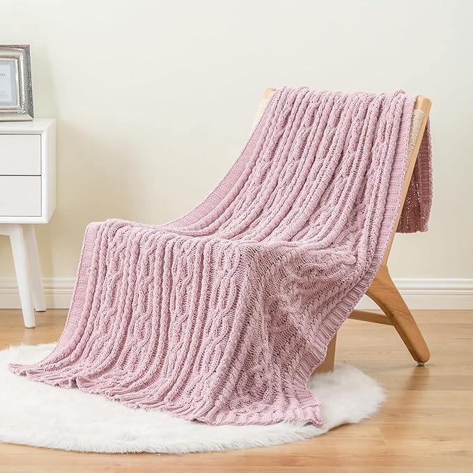 Battilo Pink Throw Blanket for Couch, Cable Knit Blanket, Soft Chenille Throw - Image 5