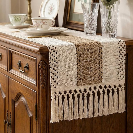 Boho Macrame Table Runner with Tassels Farmhouse Rustic Dining Woven Table by Xiomot