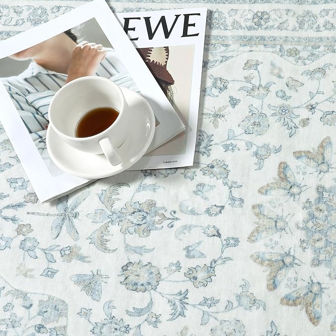 Moynesa Vintage Washable Blue 2x6 Hallway Runner Rug, Neutral Distressed - Image 3