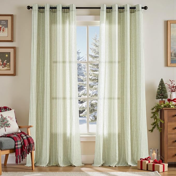 Vangao Linen Striped Green Christmas Curtains by Vangao