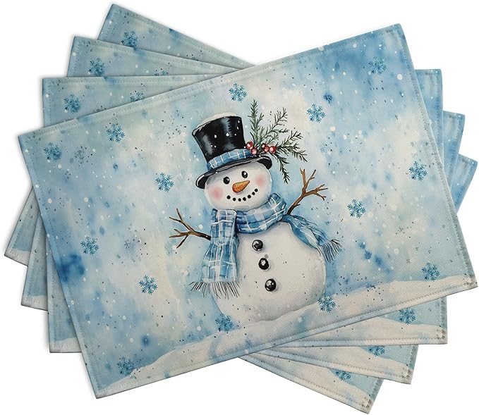 Blue Snowman Snowflake Winter Placemats Set of 4 Seasonal Christmas Linen Table - Image 2