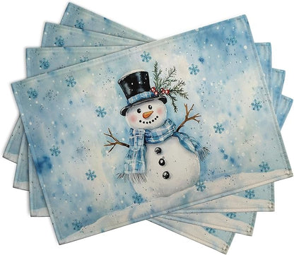 Blue Snowman Snowflake Winter Placemats Set of 4 Seasonal Christmas Linen Table - Image 2