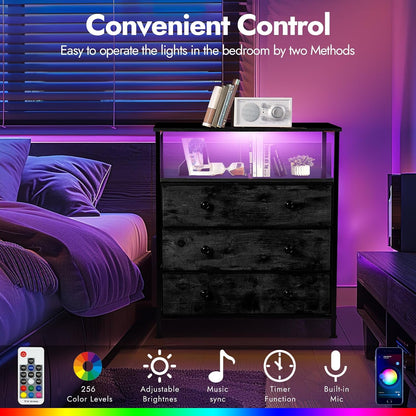 3-drawer led nightstand with charging station, black. showing dimensions