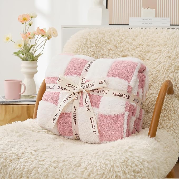 Snuggle Sac Pink Checkered Throw Blanket Faux Fur Microfiber Blankets - Image 4