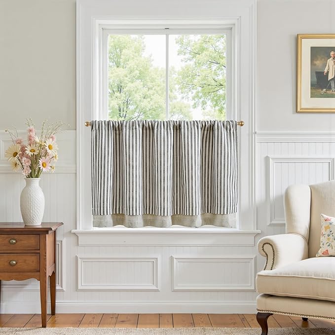 jinchan Double Layer Striped Linen Kitchen Tier Curtain Rustic Cafe by JINCHAN