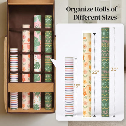 Ordovibe Wrapping Paper Storage Organizer, Over The Door Gift Wrap Holder with Removable Drawer & Side Mesh Pockets – Space Saving Closet Organizer for Christmas, Halloween, Birthday Rolls Supplies Brown