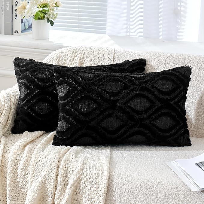 MIULEE Black Throw Pillow Covers 12x20 Inch, Soft Winter Plush Faux Wool Couch by MIULEE