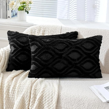 MIULEE Black Throw Pillow Covers 12x20 Inch, Soft Winter Plush Faux Wool Couch by MIULEE