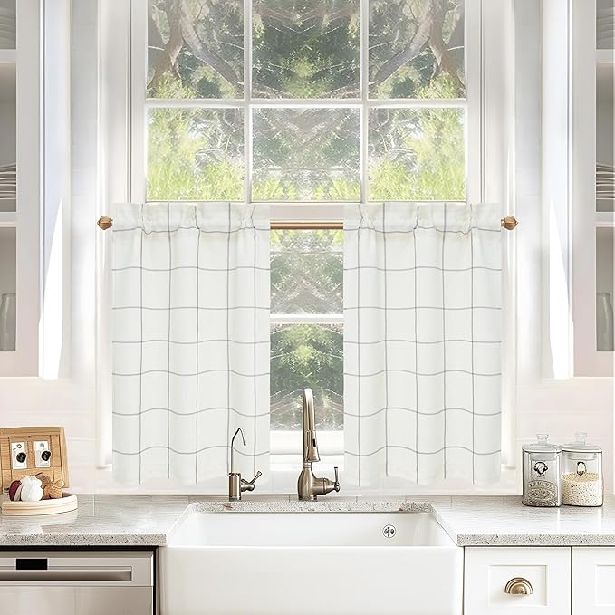 DriftAway Kitchen Curtains Striped Tier Linen Short Curtains Windowpane Plaid by DriftAway