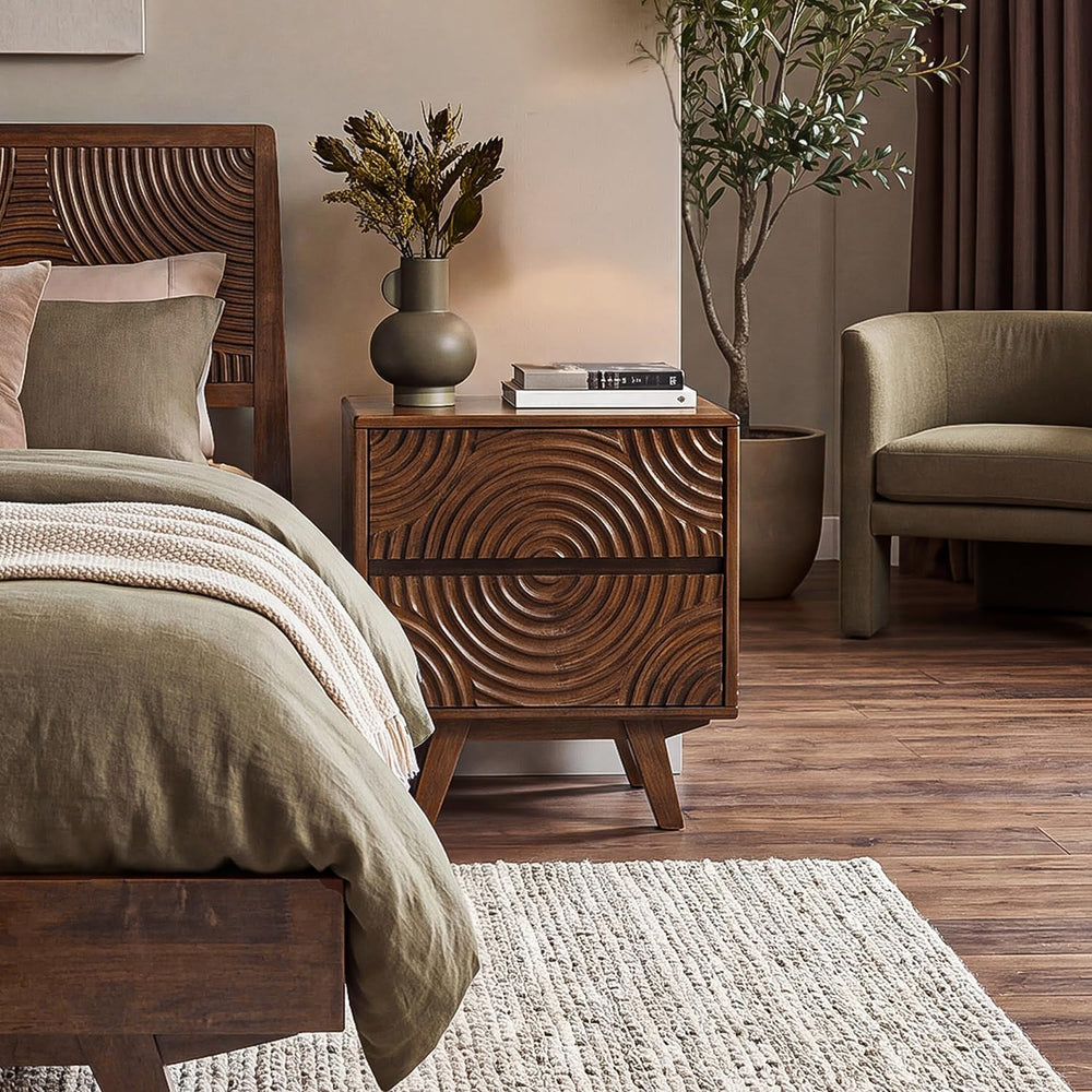 Acacia Harmony Solid Wood Nightstand with 2 Drawers, Bedside Table, Walnut
