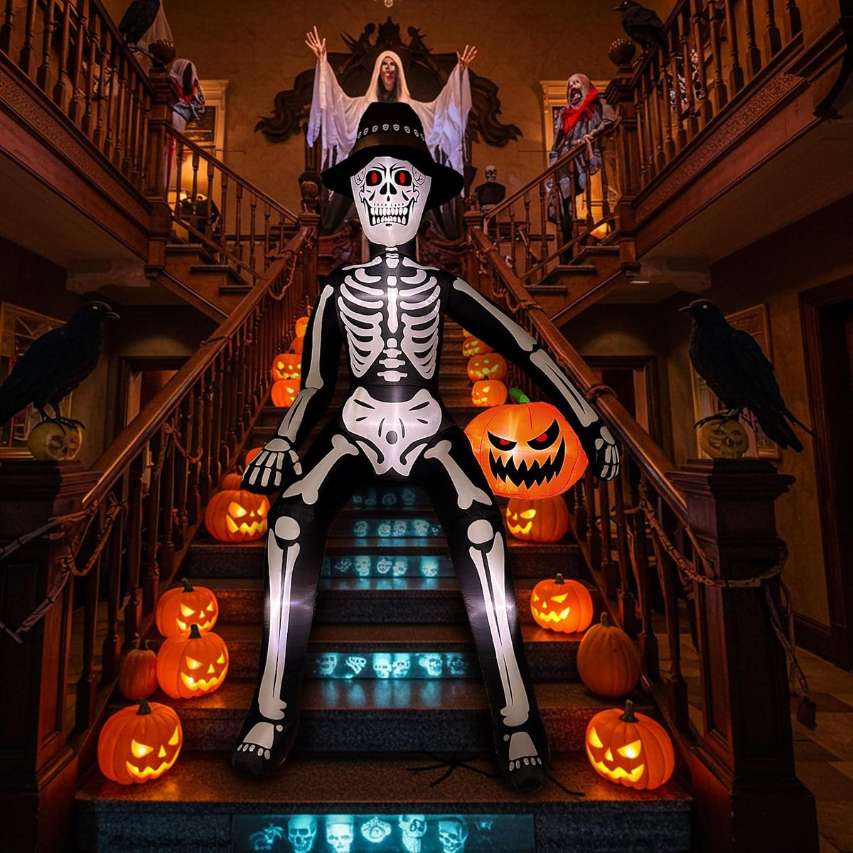 10FT Scary Halloween Inflatables Outdoor, Giant Sitting Skeleton Inflatable