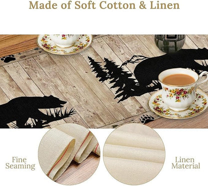 Bear Table Runner, Wild Animals Rustic Cabin Forest Bear Print Wooden Board - Image 4