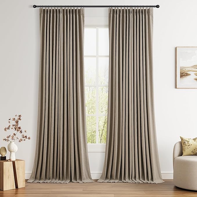 Pinch Pleat Linen 100% Blackout Curtains 108 Inches Long 2 Panels Set by Joywell