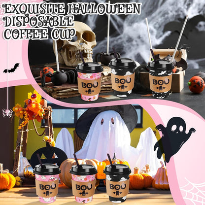Lallisa 100 Sets 12 oz Halloween Disposable Coffee Cups with Lids and Sleeves Straws, Hot Coffee Paper Cups for holiday Party Drinks Supplies(Cute Ghost)