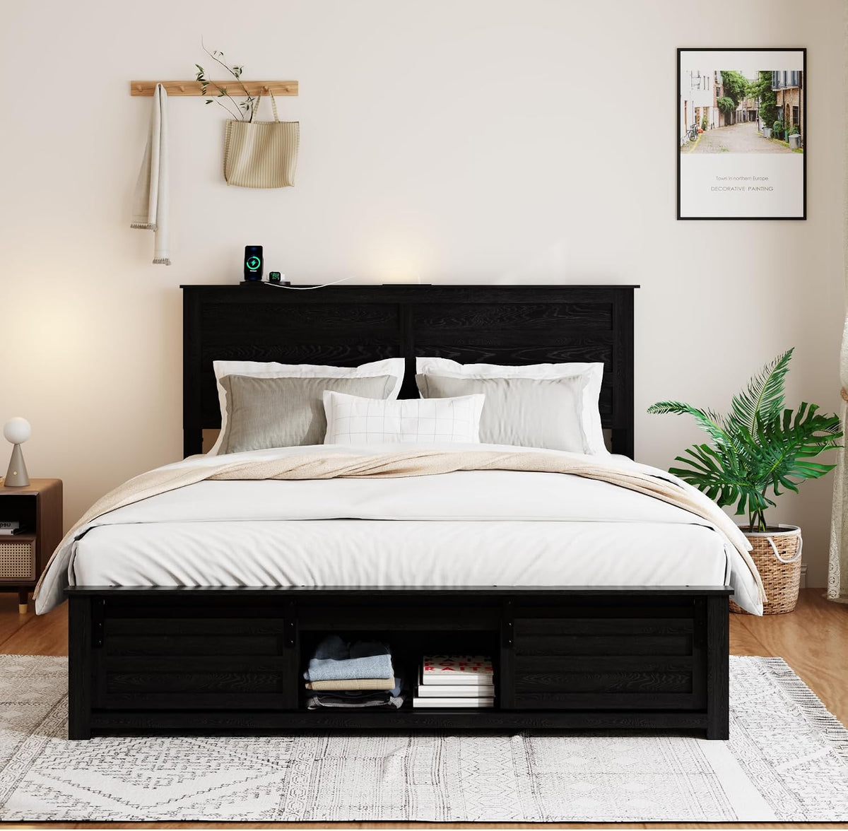 queen size wooden bed frame with headboard, farmhouse shown in use