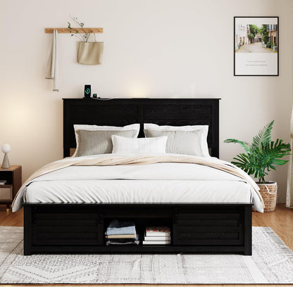 queen size wooden bed frame with headboard, farmhouse shown in use