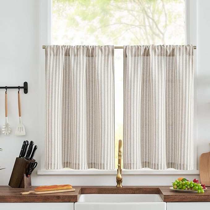 jinchan Striped Linen Kitchen Curtains 30 Inches Tier Curtains Farmhouse Modern by JINCHAN