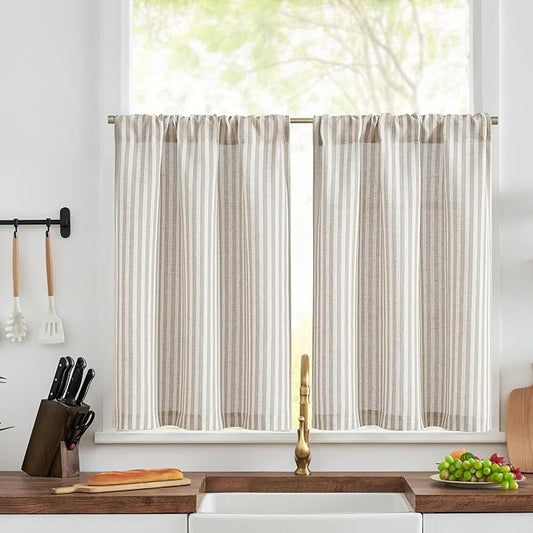 jinchan Striped Linen Kitchen Curtains 30 Inches Tier Curtains Farmhouse Modern by JINCHAN