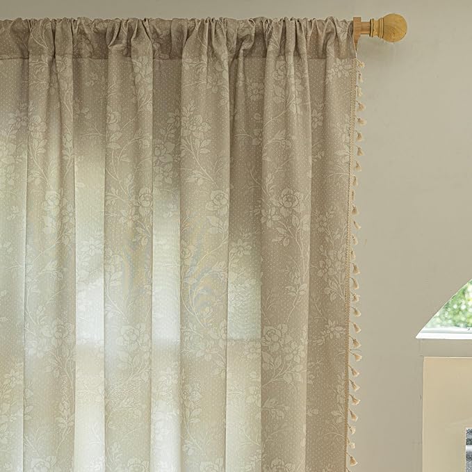 ENJOYBRIDAL Floral 63 Inch Curtains 2 Panel Set Light Camel Rustic Drapes Rod - Image 4