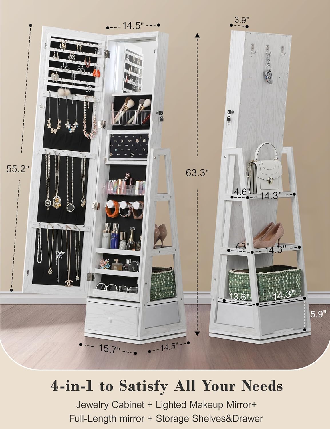 nicetree 360° swivel jewelry cabinet with lights, full showing dimensions