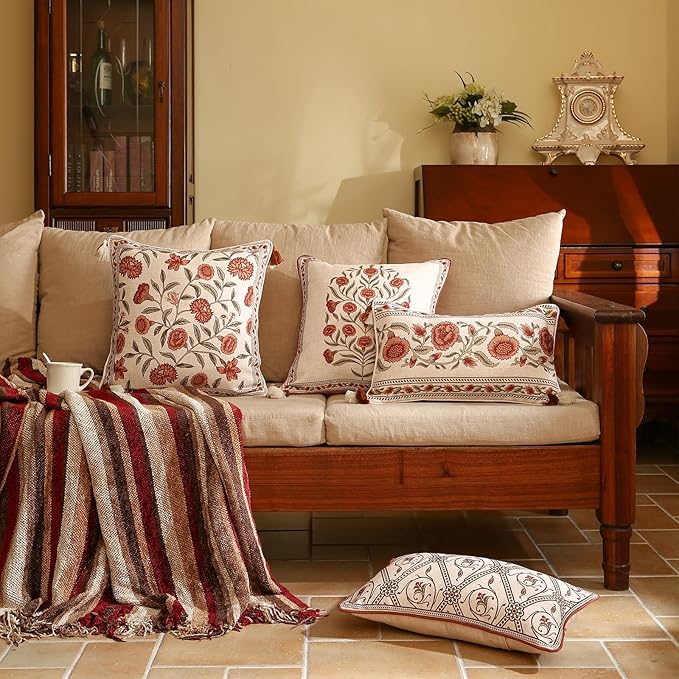 ISAENNE Design Linen Square Vintage Throw Pillow Covers 18"x18", Brick Red - Image 3