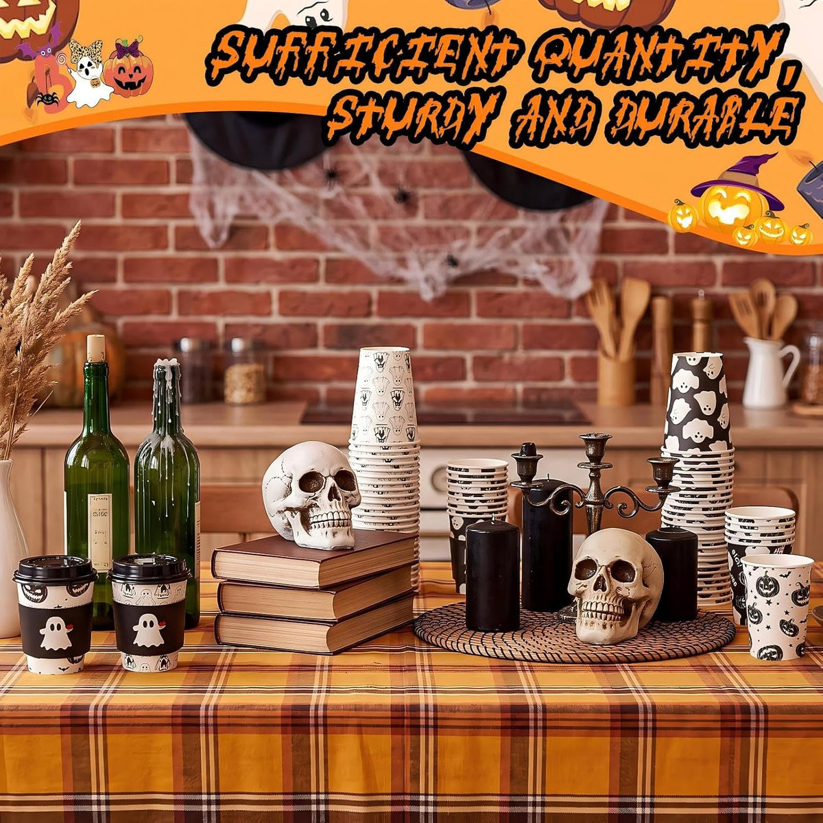 Suclain 100 Sets Halloween Disposable Coffee Cups with Lids & Sleeves, 12 oz Ghost Pumpkin Cat Pattern Paper Cups for Hot Cold Drinks Trick or Treat Party Supplies