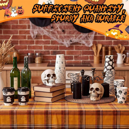 Suclain 100 Sets Halloween Disposable Coffee Cups with Lids & Sleeves, 12 oz Ghost Pumpkin Cat Pattern Paper Cups for Hot Cold Drinks Trick or Treat Party Supplies