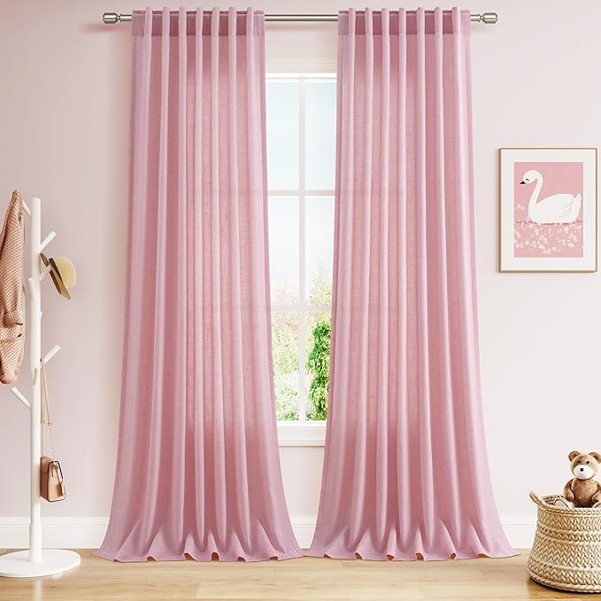 Semi Sheer Rose Linen Curtains 120 Inches Long Long 2 Panels Set Back Tab Loop by Nanspring