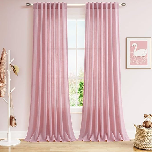 Semi Sheer Rose Linen Curtains 120 Inches Long Long 2 Panels Set Back Tab Loop by Nanspring