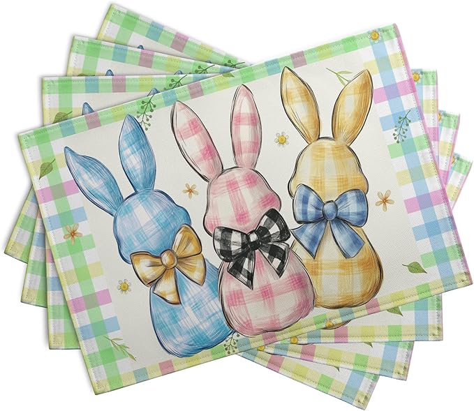 Easter Bunny Placemats Set of 4 Green Blue Pink Yellow Buffalo Plaid Rabbits - Image 2