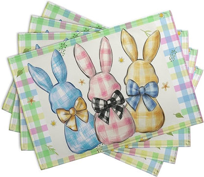 Easter Bunny Placemats Set of 4 Green Blue Pink Yellow Buffalo Plaid Rabbits - Image 2