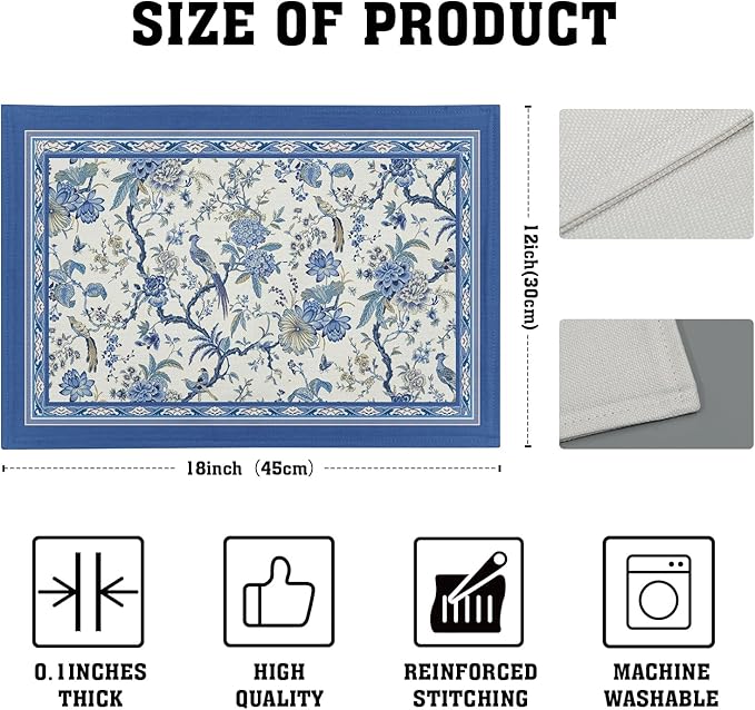 Giwawa 4PCs Chinoiserie Placemats Blue White Floral Birds Decorative Linen - Image 4