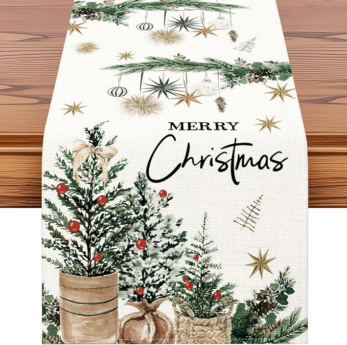 OTOSTAR Xmas Trees Holly Pine Cone Merry Christmas Table Runner, Xmas Seasonal by OTOSTAR